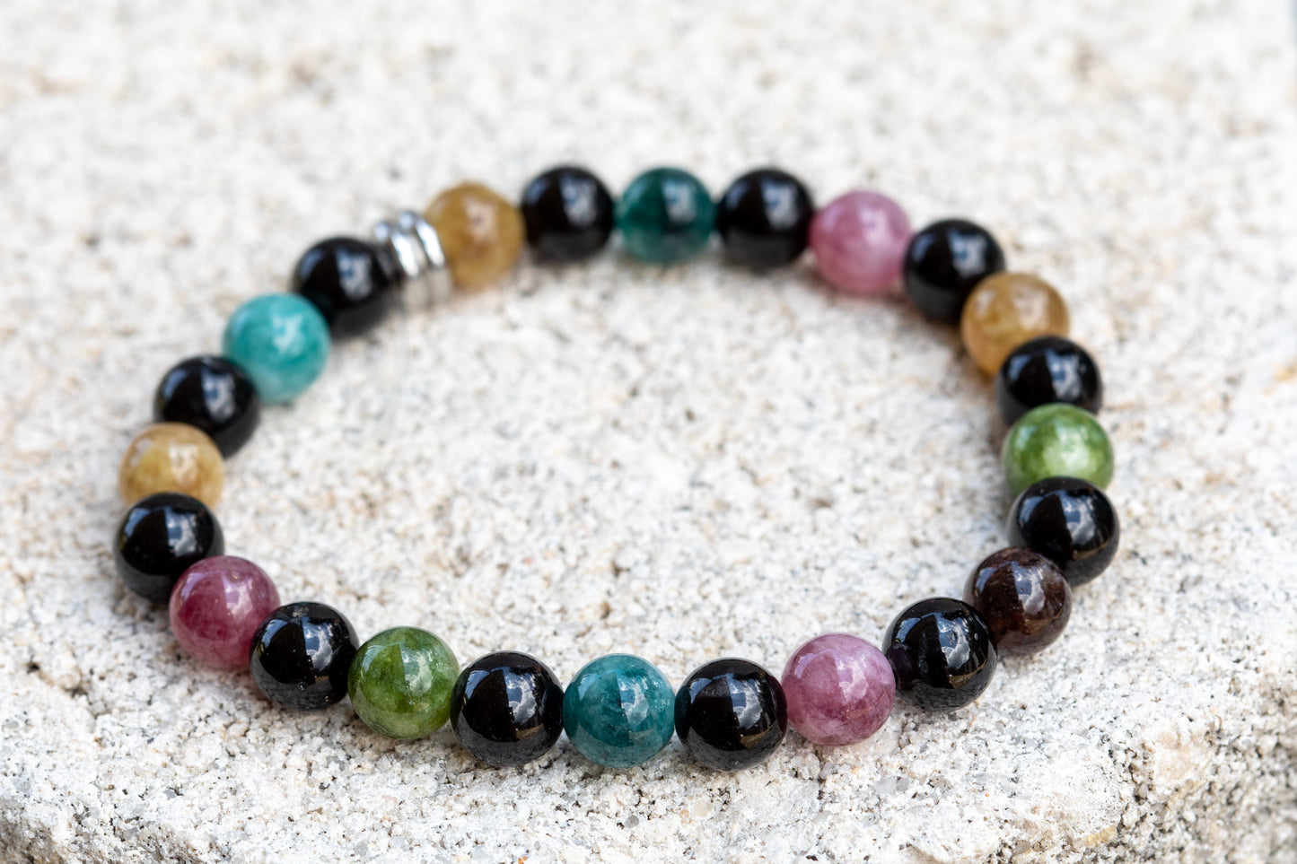 Black, Watermelon, Rainbow Tourmaline Gemstone Crystal Bracelet