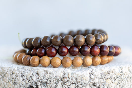 Mala Prayer Buddha Sandalwood, Rosewood, Phoebe Wood bead Bracelets